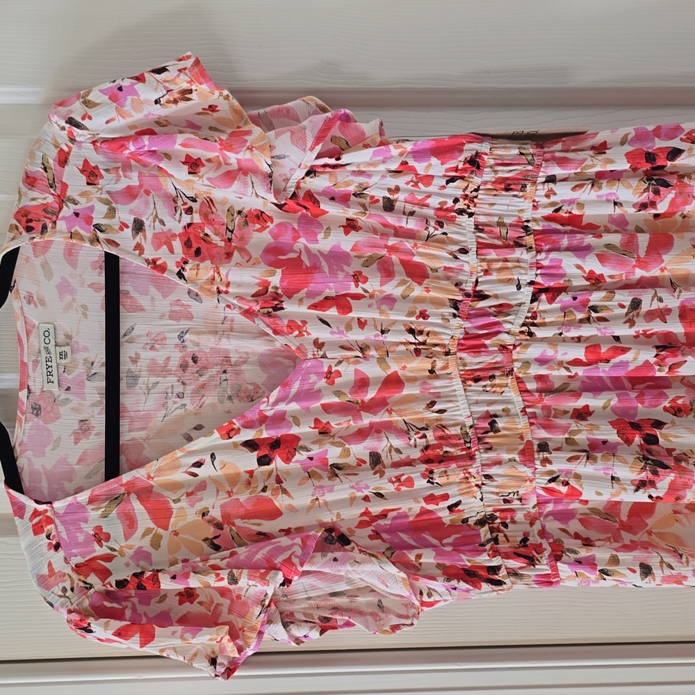FRYE & CO BRAND WOMEN'S PLUS LONG PINK & RED FLORAL SHORT SLEEVES DRESS SIZE XXL